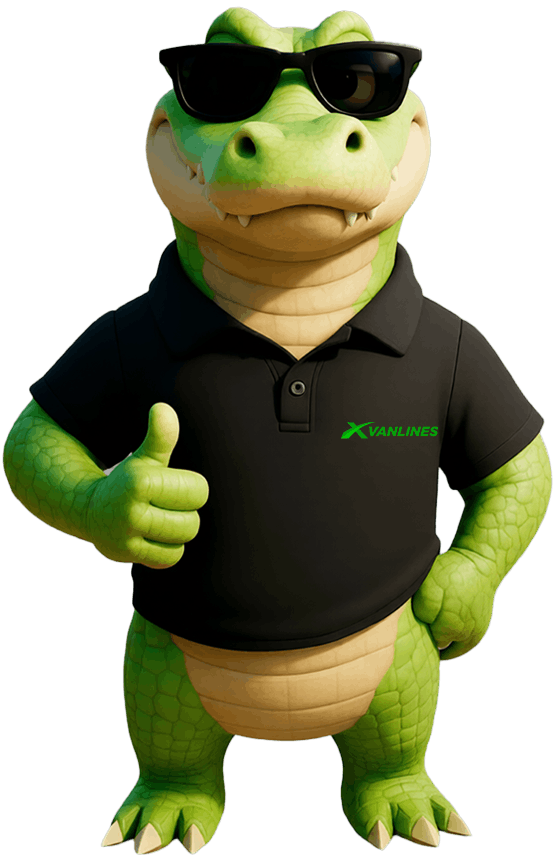 A 3D green crocodile mascot wearing a black Xvanlines polo shirt and black sunglasses, giving a confident thumbs up against a transparent background.
