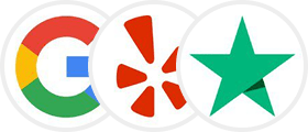 Three circular white icons side-by-side: the multi-colored Google "G," the red Yelp burst, and a green five-pointed star representing Trustpilot, all on a transparent background.