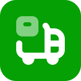 A bright green rounded square icon containing a white line-art illustration of a small delivery truck carrying a moving box.