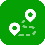 A bright green rounded square icon containing a white line-art illustration of two location pins connected by a curved, dotted path.