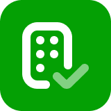 A bright green rounded square icon containing a white line-art illustration of an office building with a small checkmark next to it.