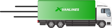A flat-style illustration of a white semi-truck with a bright green cargo trailer featuring the white "Xvanlines" logo, with black motion lines trailing behind it on a transparent checkered background.