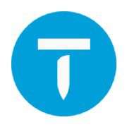 A solid blue circular icon featuring a white stylized letter "T" with a pointed vertical base.